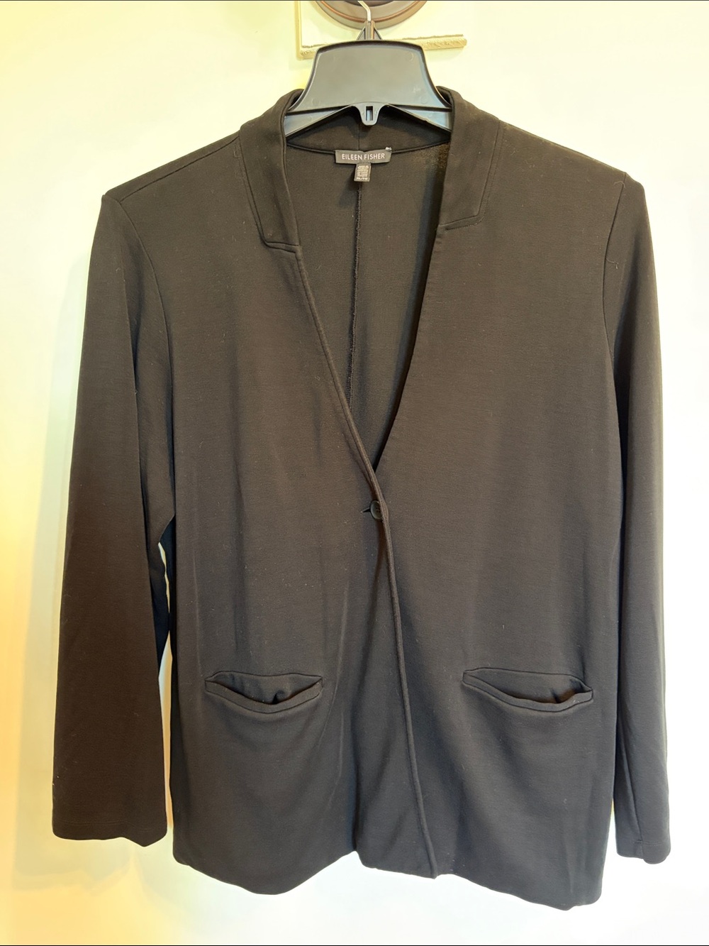 Eileen Fisher Black Knit Blazer Cardigan XL Single Button Pockets